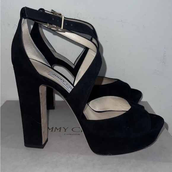 Jimmy Choo Black Strappy Heels Suede - Picture 2 of 8